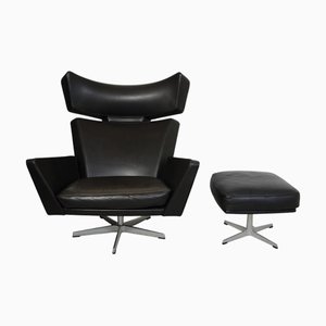Set of Ox Chair and Ottoman in Black Grace Leather by Arne Jacobsen