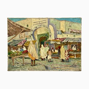 Frank A. Brown, Market in Front of the Medina in Kairouan, Oil on Canvas