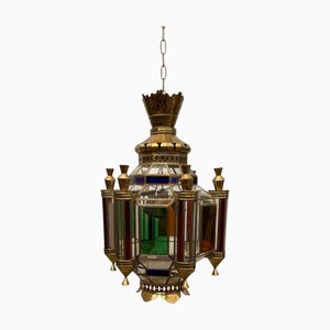 Farol español Mid-Century grande con vidrio transparente y coloreado, años 60