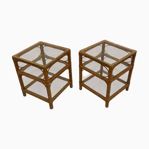 Mid-Century Italian Rattan 3-Tier Side or Sofa Tables with Glass Tops, 1970s, Set of 2