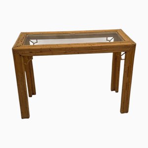 Italienischer Mid-Century Beistelltisch oder Konsolentisch aus Rattan mit Klarglasplatte, 1970er