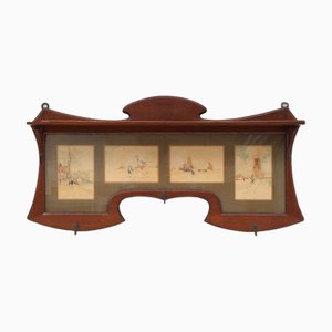 Art Nouveau Wall-Mounted Coat Rack with Framed Watercolors from Cassier, Belgium, 1905