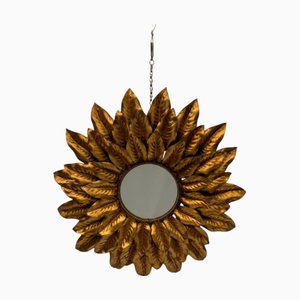 Large Spanish Round Layered Leaf Mirror in Gilded Metal, 1970s