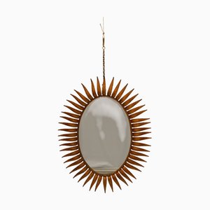 Mid-Century Spanish Oval Mirror with Leaves in Gold Gilded Metal, 1970s