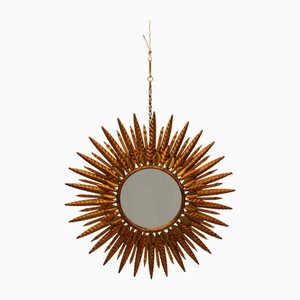Large Mid-Century Spanish Round Miror in Gold Gilded Metal, 1970s