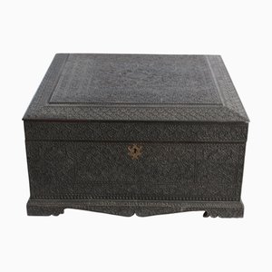 Anglo-Indian Square Carved Ebony Chest with Scrolling Foliage, 1860s