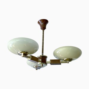 Lampada a sospensione Art Déco in legno e vetro, anni '30