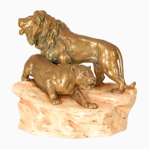 Antique Viennese Porcelain Group of Lions by Th. Schoop
