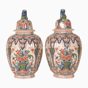 Tall Dutch Tinglazed Delft Vases with Polychrome Decor, 1940s, Set of 2
