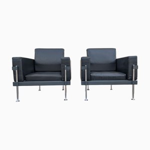 Mid-Century Modern Lounge Chairs in Chrome Metal and Black Leather, 1970s, Set of 2