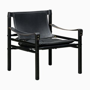 Sirocco Safari Lounge Chair in Black Leather and Stained Ash by Arne Norell for Arne Norell AB, Sweden, 1960s