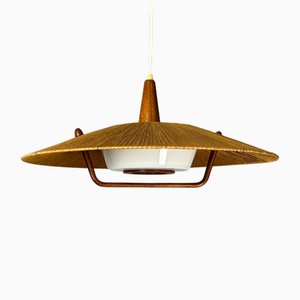 Lampada a sospensione Mid-Century in teak e sisal di Temde Leuchten, anni '60