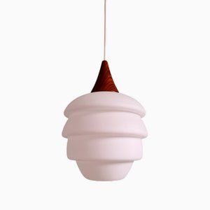 Scandinavian Teak and Opaline Suspension by Louis Kalff, Philips, 1960s