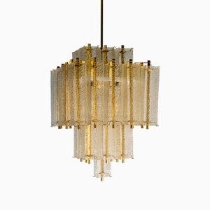 Chandelier in Brass and Structured Ice Glass, Austria, 1950s