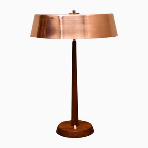 Large Swedish Modern Copper and Teak Table Lamp from Pagos Armaturfabrik, 1950s