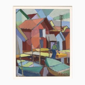 Helge Linden, Case e barche, anni '60, Olio su tela