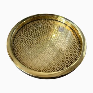 Mid-Century Modern Italian Brass and Glass Round Serving Gallery Tray from Christian Dior, 1960s