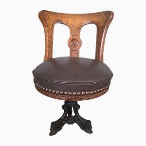 Antique Cast Iron and Oak Upholstered Ship's Chair, 1890s