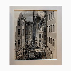 Charles Burki, Fire Brigade in Narrow Street Illustration, 1960s, Gouache & Ink on Paper