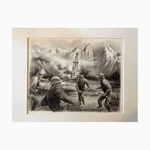 Charles Burki, Oil Rig Disaster Scene, 1974, Gouache & Ink Drawing