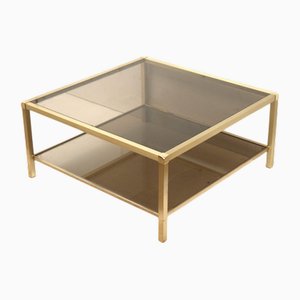 Large Vintage Hollywood Regency Coffee Table in Brass and Smoked Glass, 1970s