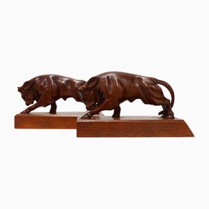 Art Deco Oak Bull Bookends, France, 1930s, Set of 2