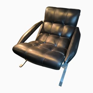 Sillón vintage de acero con cuero negro, años 70