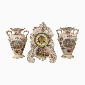 Horloge de Cheminée Antique en Porcelaine, 1890, Set de 3