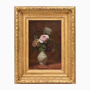 Jules Joseph Étienne Contencin, Natura morta con rose bianche e rosa, Dipinto ad olio, 1883, Incorniciato