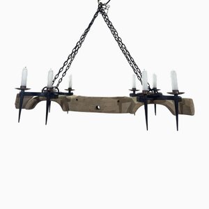 Oak and Wrought Iron Chandelier, 1950s