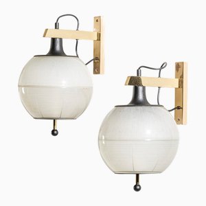 Lampade da parete vintage in ottone, alluminio e vetro nello stile di Stilnovo, anni '60, set di 2