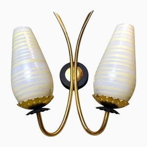 Applique Murale Double Mid-Century Moderne en Verre et Laiton, 1950s