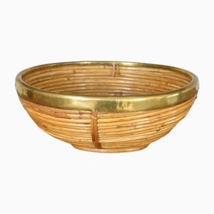 Rattan Cane and Brass Basket Centrepiece attributed to Vivai del Sud, Italy, 1970s