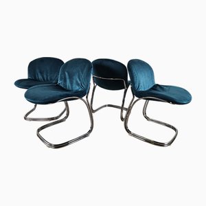 Sedie vintage tubolari di velluto blu, 1970, set di 4