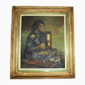 Europäischer Künstler, Straßenmusikant mit Akkordeon, 1969, Öl auf Leinwand, Gerahmt