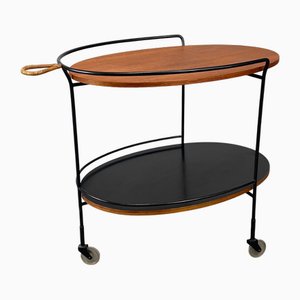 Carrello bar ovale con ripiano in teak e manico in vimini, anni '50