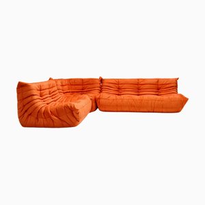 Sofá Togo vintage en naranja de Michel Ducaroy para Ligne Roset, década de 2000. Juego de 3