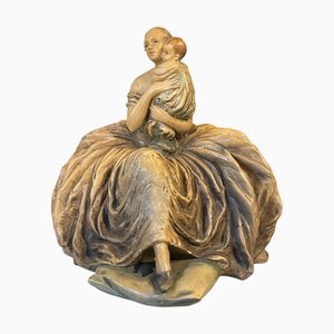 Polychrome Ceramic Sculpture of Mother with Child by Guido Cacciapuoti, 1890s-1910s
