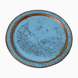 Antique Syrian Enameled Copper Tray, 1890s