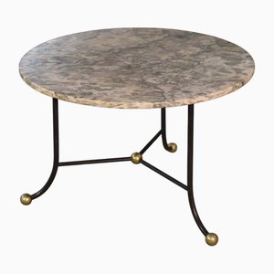 Marble Side Table with Wrought Iron Base and Brass Balls in the style of Jean Royère, 1940s