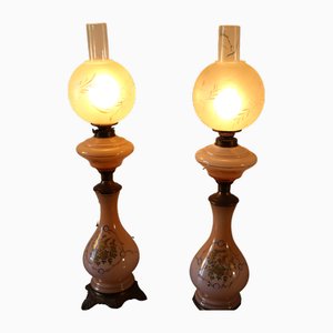 Lámparas de aceite antiguas de vidrio decorado, década de 1890. Juego de 2