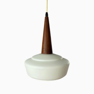 Hanging Lamp in Opal Glass and Teak