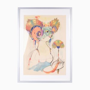 Woman with Fan Serigraphic Poster by Bjørn Wiinblad, 1970s