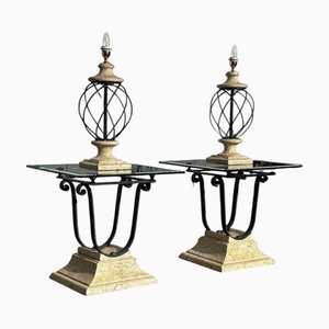 Mid-Century Cast Iron Tables with Faux Stone Glass Tops and Table Lamps, Set of 4