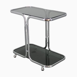 Mesa de servicio italiana cromada con vidrio ahumado, años 70
