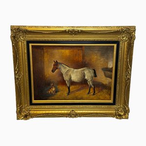 Círculo de John Sargeant Noble, Caballo cazador ruano gris fresa en establo con Terrier, pintura al óleo, enmarcado