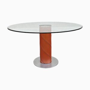Postmodern Leather Dining Table with Glass Top attributed to Giancarlo Vegni for Fasem, 1980s