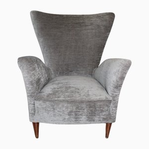 High-Back Armchair in Grey Velvet, 1950s