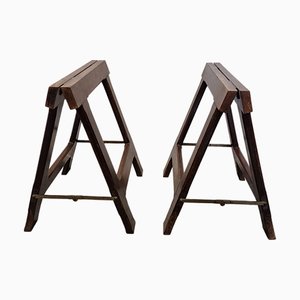Antique Mahogany Campaign Trunk Trestles, 1890s, Set of 2