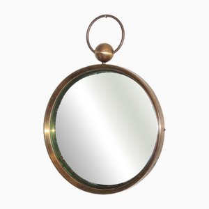 Vintage Italian Concave Mirror in Brass and Green Glass, 1950s